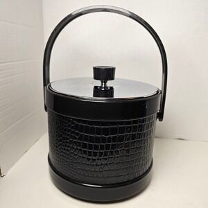 MCM Ice Bucket Black Faux‎ Crocodile Chrome Lid Mid Century Modern Barware Japan